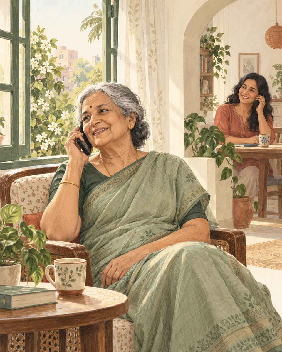 Warm editorial illustration of an older Indian mother and her adult daughter sharing a reassuring phone conversation