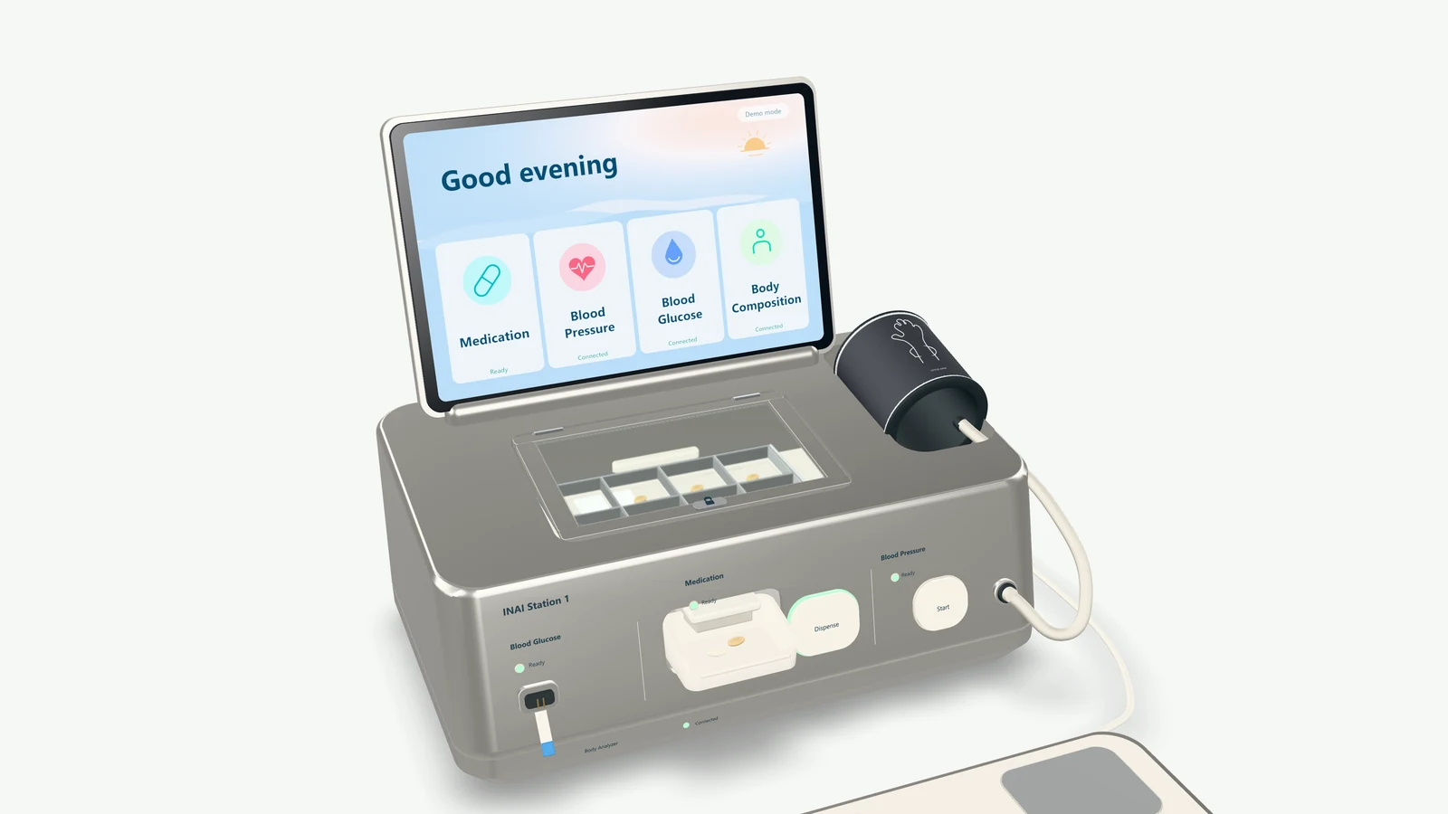 Detail render of the INAI Station touchscreen and medicine dispensing area