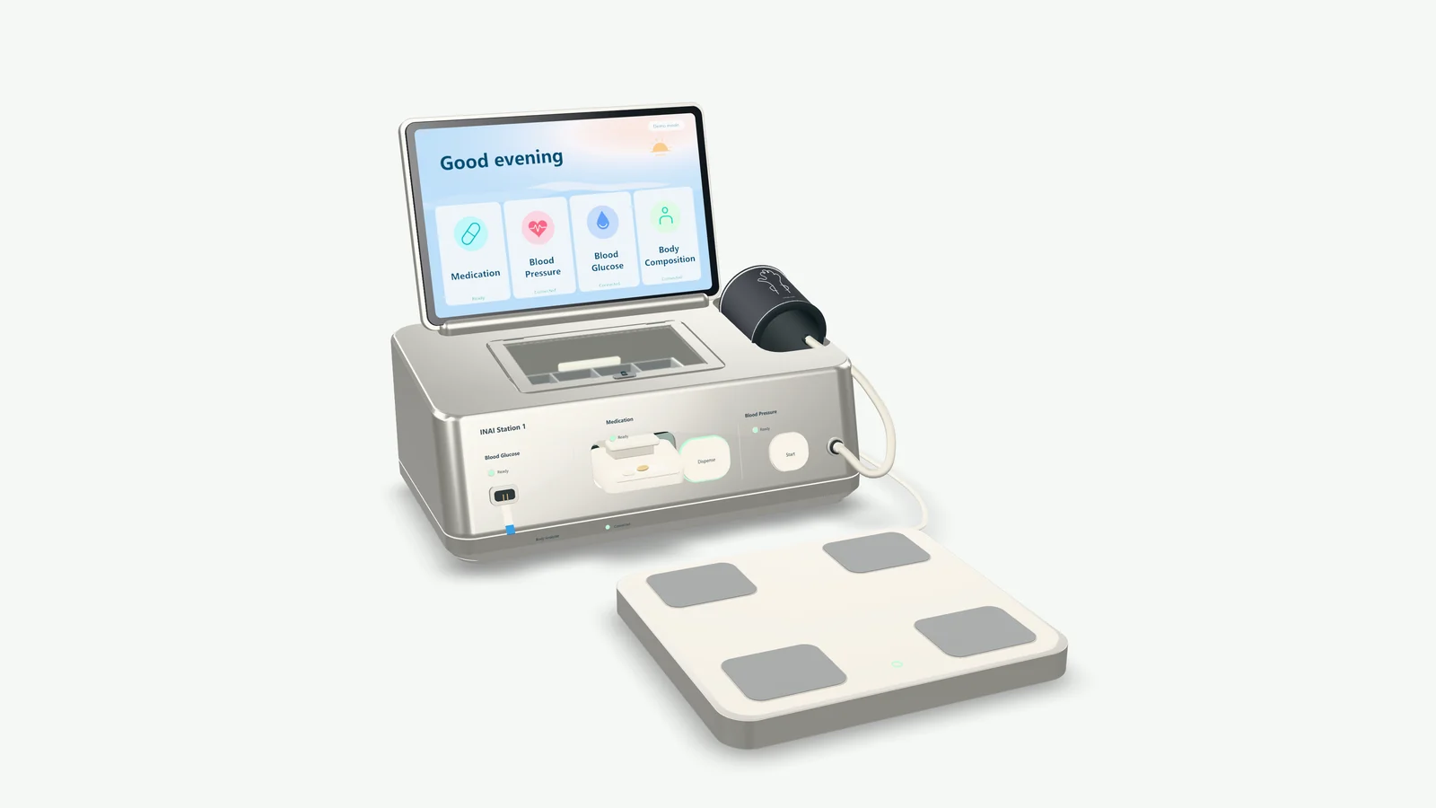 Rendered INAI Station with touchscreen, medication hatch, blood-pressure cuff and companion platform